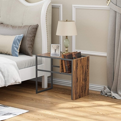 সি আকৃতির রিভার্সিবল মেটাল ফ্রেম Fir Timber Bedside Table Nightstand with Shelf